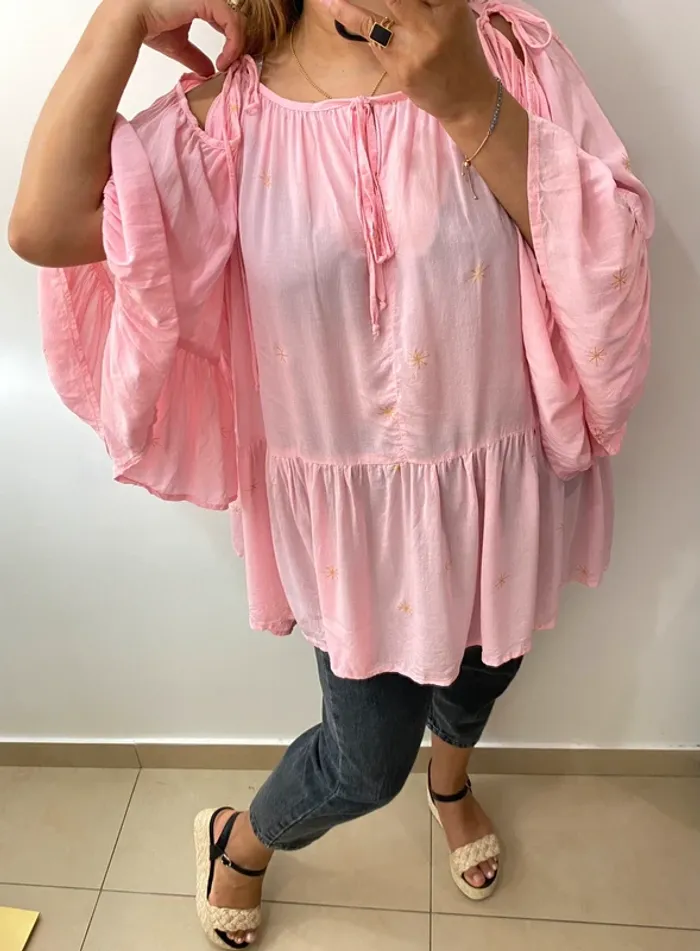 💕 Blouse ample Les NéoBourgeoises – rose à manches volantées Taille Unique - photo numéro 2