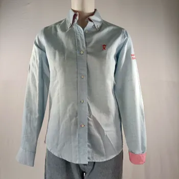 Chemise bleu clair Vicomte A. coton lin détails roses broderies marines taille M - Taille 1 A1292