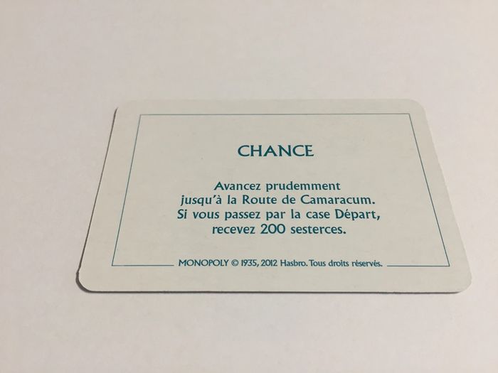 Carte chance 200 sesterces pièce jeu de société Monopoly le tour de Gaule d'Astérix Hasbro #A53