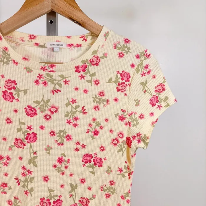 T-shirt fleuri River Island T40 motif roses rose et vert 100 % coton style vintage été A1267 - photo numéro 3