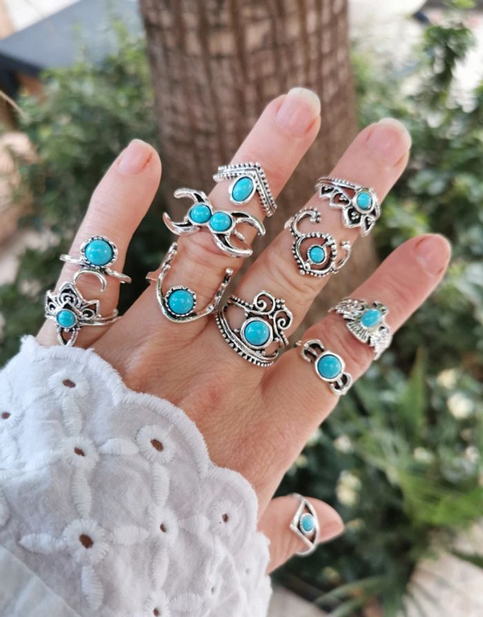 A34 lot de 11 bagues bohème vintage turquoise argenté diverses taille.neuves