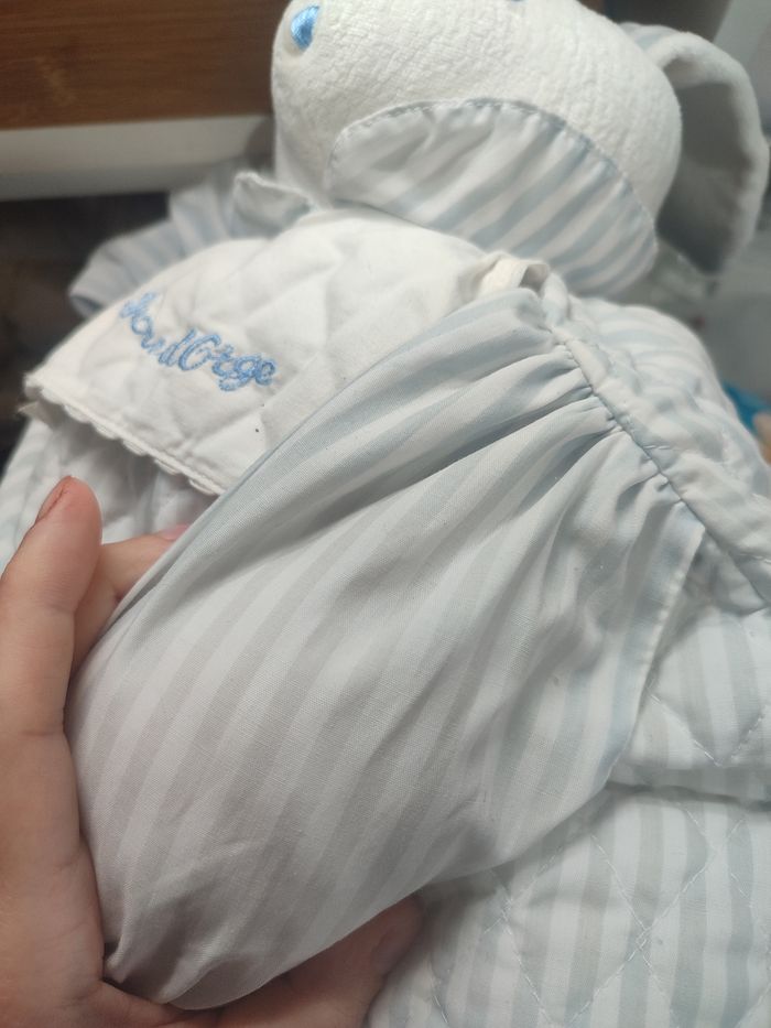 Doudou Lapin rayé bleu coussin Sucre d'orge range pyjama peluche ancien blanc - photo numéro 6