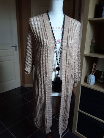 Gilet long maille ajourée lurex doré pailleté neuf
