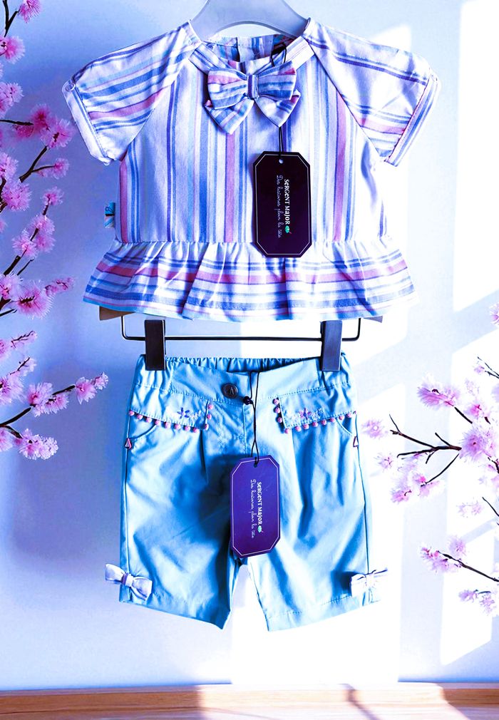 SERGENT MAJOR - NEW - 2P BÉBÉ FILLE DETAIL POMPONS, NOEUDS & BRODERIES FLEURS 3M - photo numéro 2