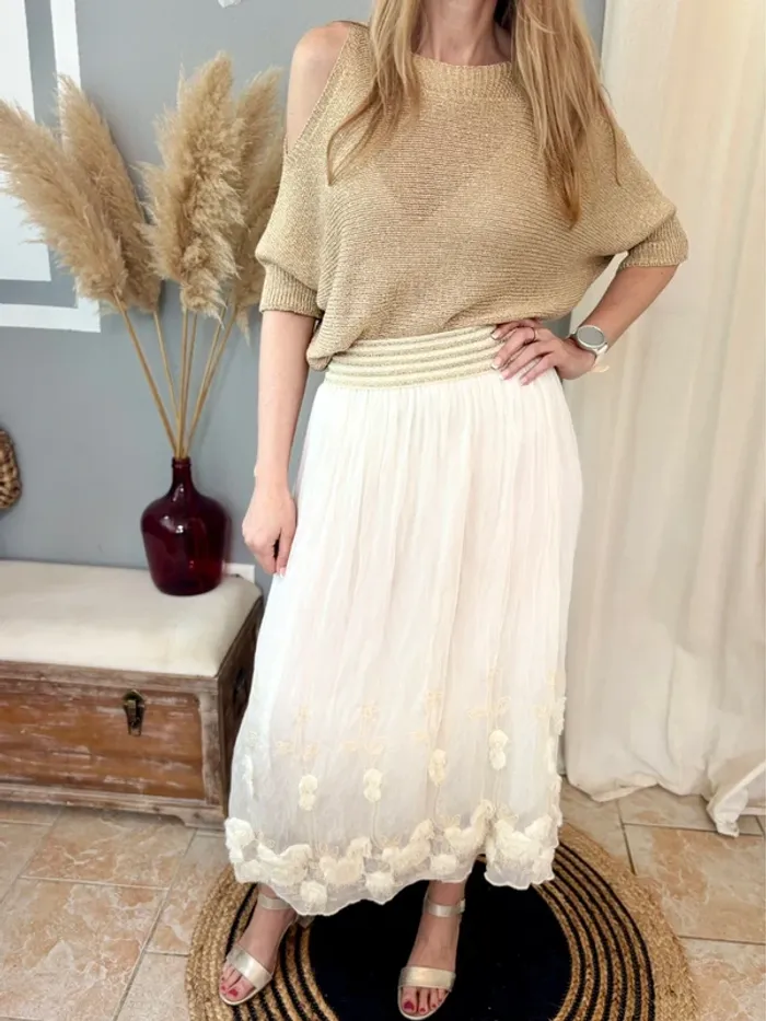 Jupe longue crème bohème avec broderies et fleurs Taille unique - photo numéro 6