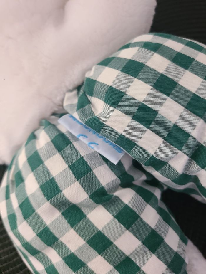 Peluche doudou Lapin blanc salopette carreaux verts Nounours Grelot - photo numéro 4