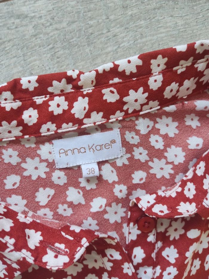 Robe mi-longue manches longues col chemise motif fleuri blanc et terracotta taille 38 Anna Karel - photo numéro 7
