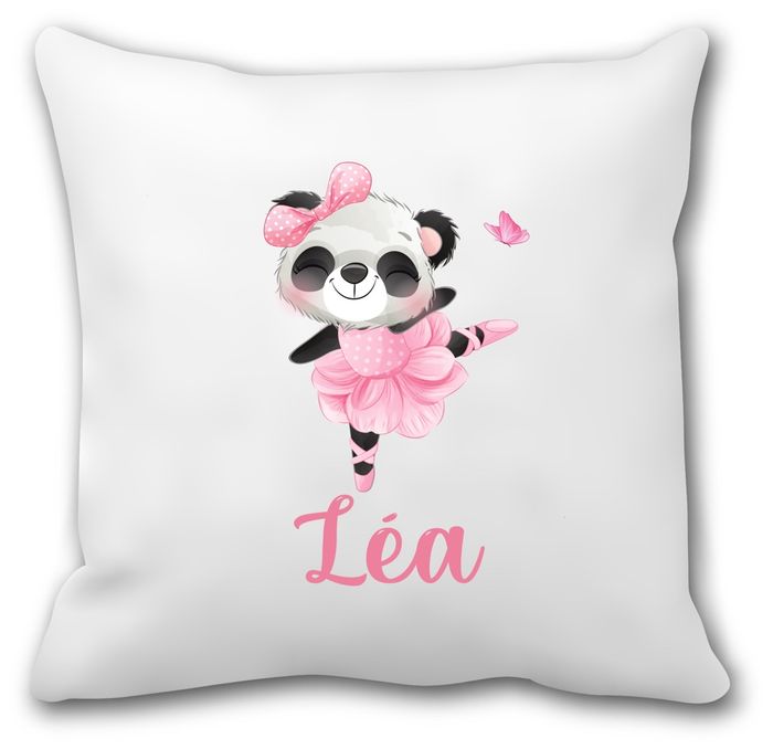 Coussin personnalisé panda danseuse rose – Prénom au choix – Rentrée scolaire maternelle – Housse + garnissage 40x40 cm – Déco chambre petite fille
