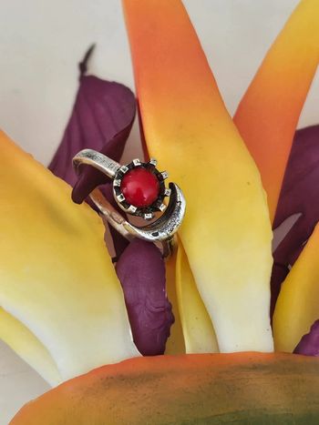 Bague ajustable lune en argent sterling 925 avec pierre onyx rouge