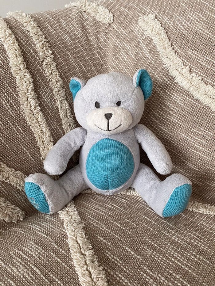Peluche doudou 23cm Obaïbi ours gris et bleu très bon état