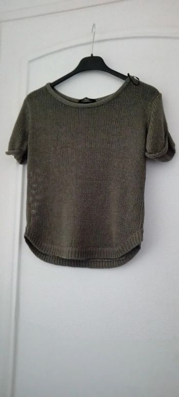 Pull manches courtes col rond maille fine kaki femme xs
