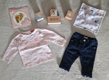 Ensemble t-shirt ML rose Tissaia + pantalon velours marine Grain de Blé 3M (BE)