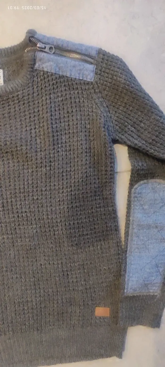 👕 Pull garçon 12 ans MZGZ – Gris avec empiècements jean - photo numéro 2
