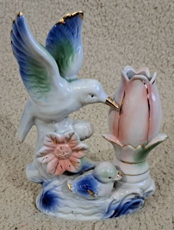 🗿 Ancienne statuette vase en céramique - oiseaux et fleur