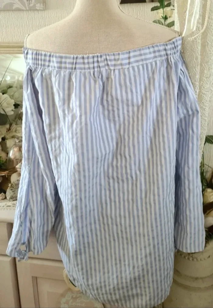 Blouse epaules dénudées rayée blanc bleu ciel Ardene Taille XL - photo numéro 2