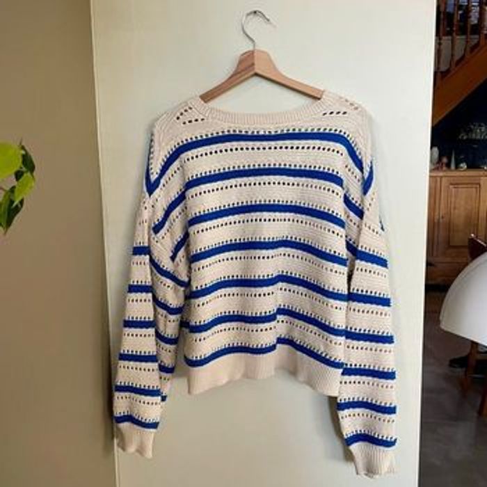 Pull ajouré coton rayé bleu blanc écru BZB taille L 100 % coton maille printemps été légère V060 - photo numéro 6