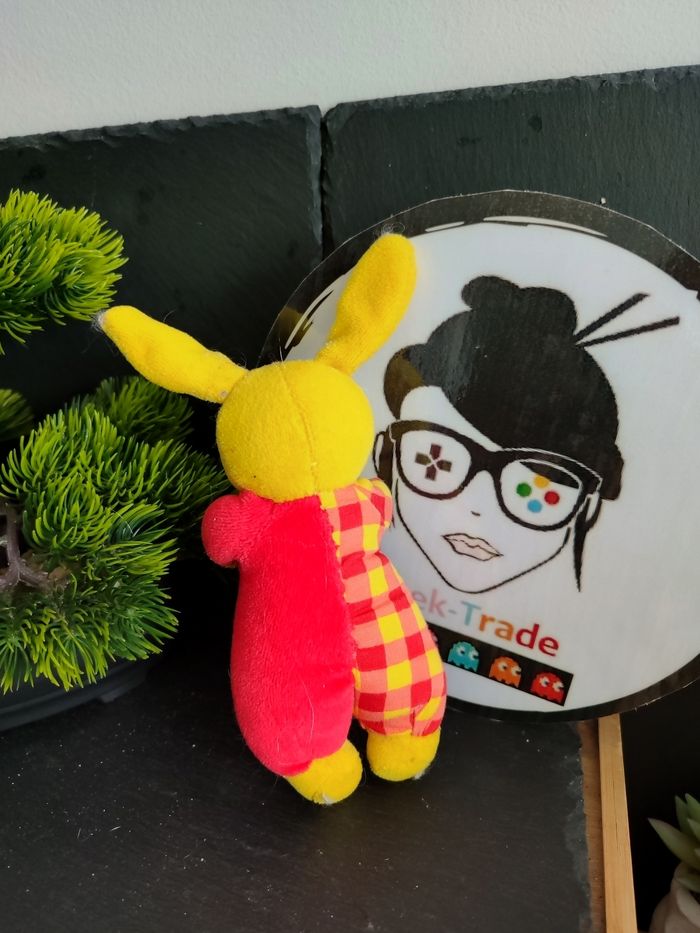 Doudou lapin rouge jaune berchet grelot hochet carreaux ancien Peluche DD003115 - photo numéro 2