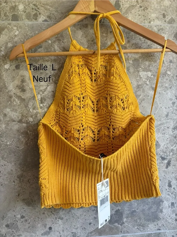 Top crochet emmanchure américaine moutarde Mango - photo numéro 2