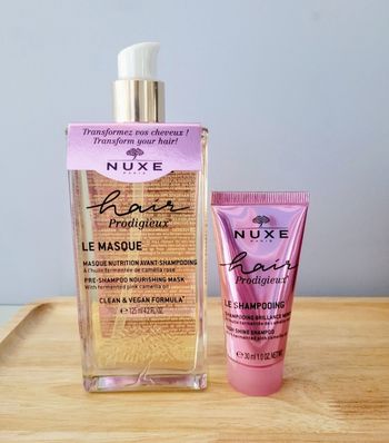 Nuxe hair Prodigieux masque nutrition avant shampooing et shampooing brillance miroir 