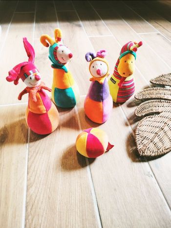 🤡Jeu de motricité -Lot de quilles tissu/peluche Le cirque Dragobert avec balle - marque Moulin Roty