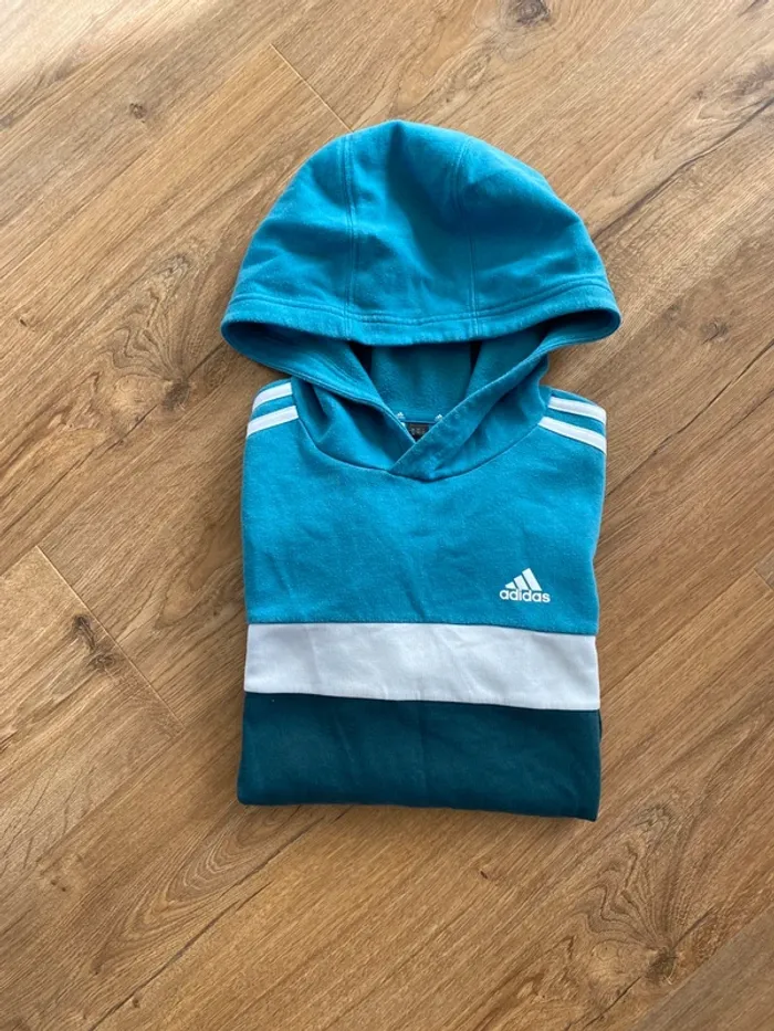 Sweat à capuche Adidas garçon 11/12 ans – Bleu & blanc – Très bon état - photo numéro 3