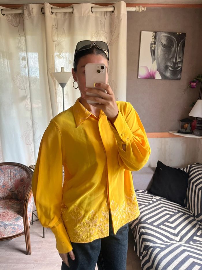 Chemise jaune vintage bohème country old money dentelle brodée - photo numéro 2