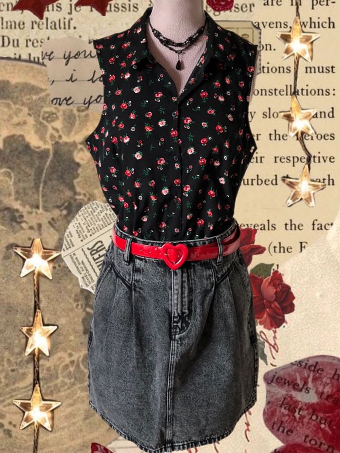 🖤🌹 Aesthetic Y2K pop rock rockabilly outfit set ,lot tenue jupe et chemise sans manches🌹🖤
