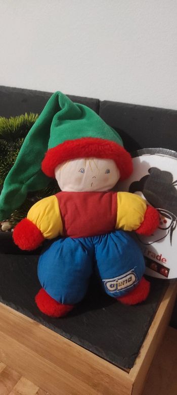 doudou peluche poupee ancien vintage luton vert rouge bleu ajena bonnet grelot