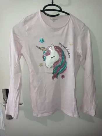 T-shirt manche longue rose clair motif licorne