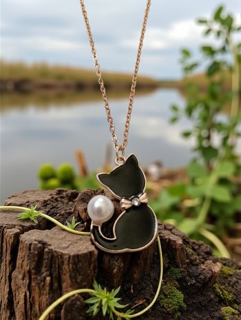 Collier Chat Noir – Perle Nacrée & Strass