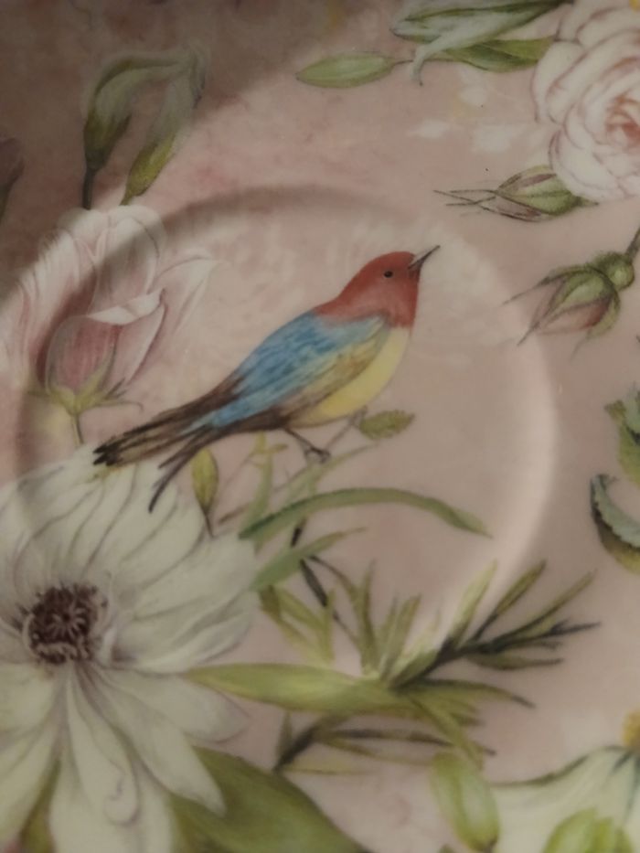 Soucoupe motif oiseau et rose