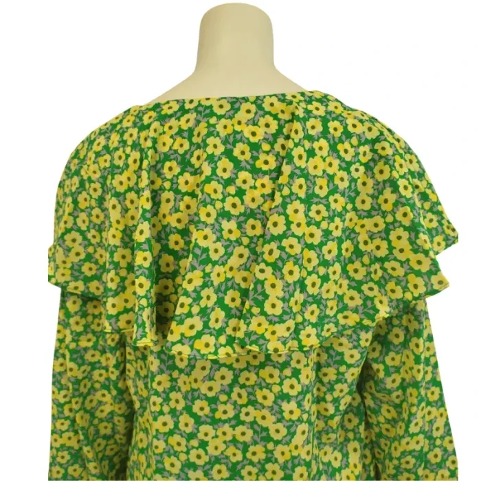 Blouse légère manches longues à volants col en V volanté fleurs jaune et vertes A - photo numéro 2