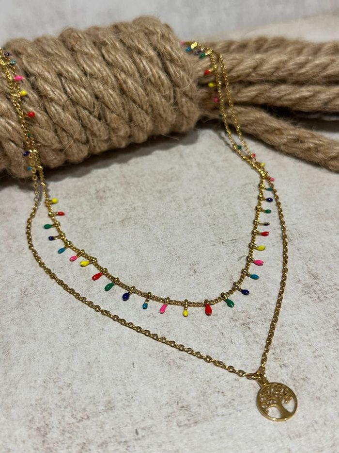 Collier plusieurs rangs en acier or et perles émail - photo numéro 5