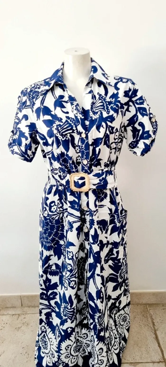 Robe imprime bleu et blanc longue zara 38 - photo numéro 5