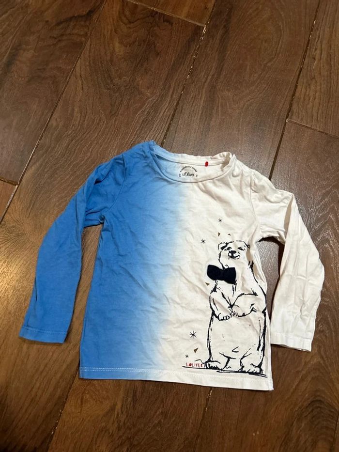 T shirt à manches longues en coton blanc et bleu motif ours S.Oliver Taille 92 cm