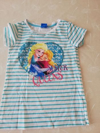 Tee shirt manches courtes rayé blanc/turquoise la reine des neiges  7/8 ans Disney