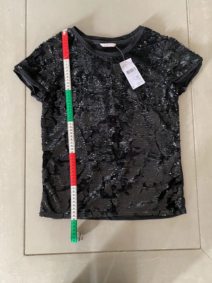 Tee shirt Camaïeu noir à sequins noirs et velours taille S neuf avec étiquette - photo numéro 10