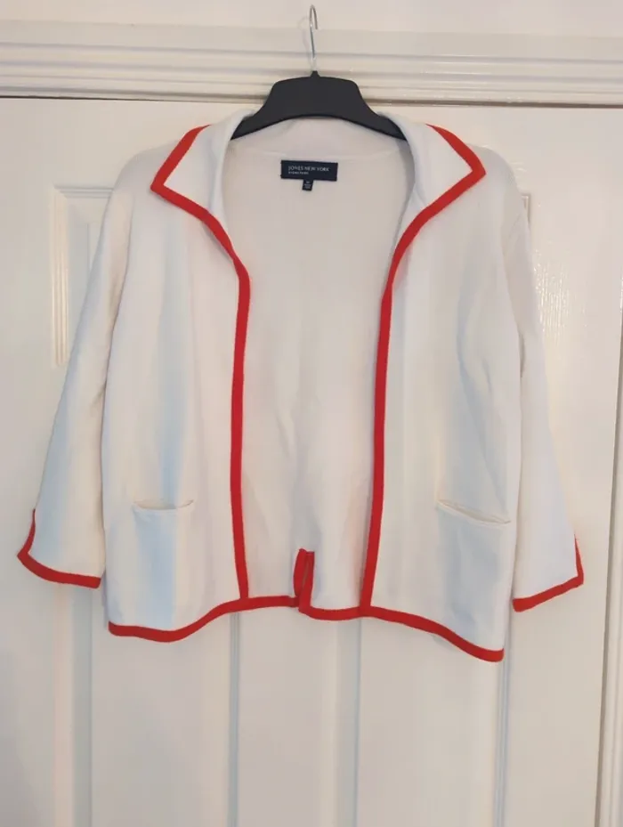 Jones New York Open Front 3/4 Sleeve Sweater White/Orange Trim