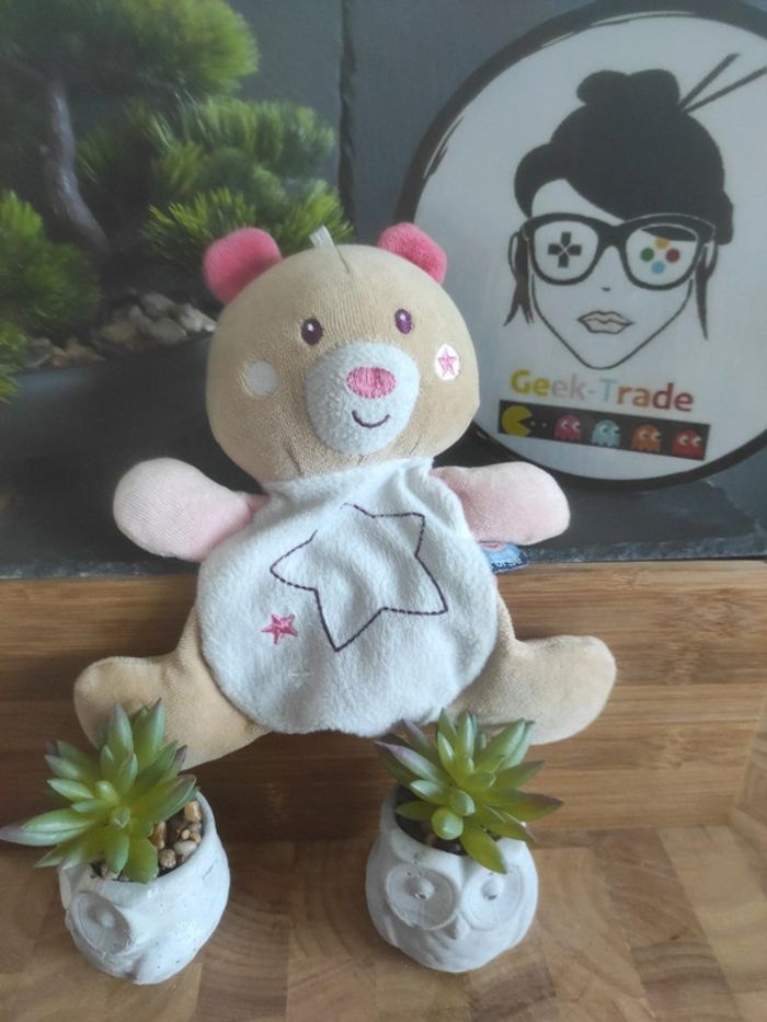 Doudou Knuffel Ours Marron Rose Étoile Mouchoir Plat #geektradedoudou
