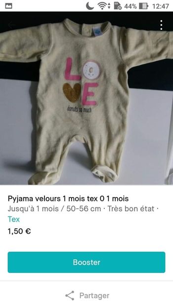 Pyjama velours 0/1 mois tex